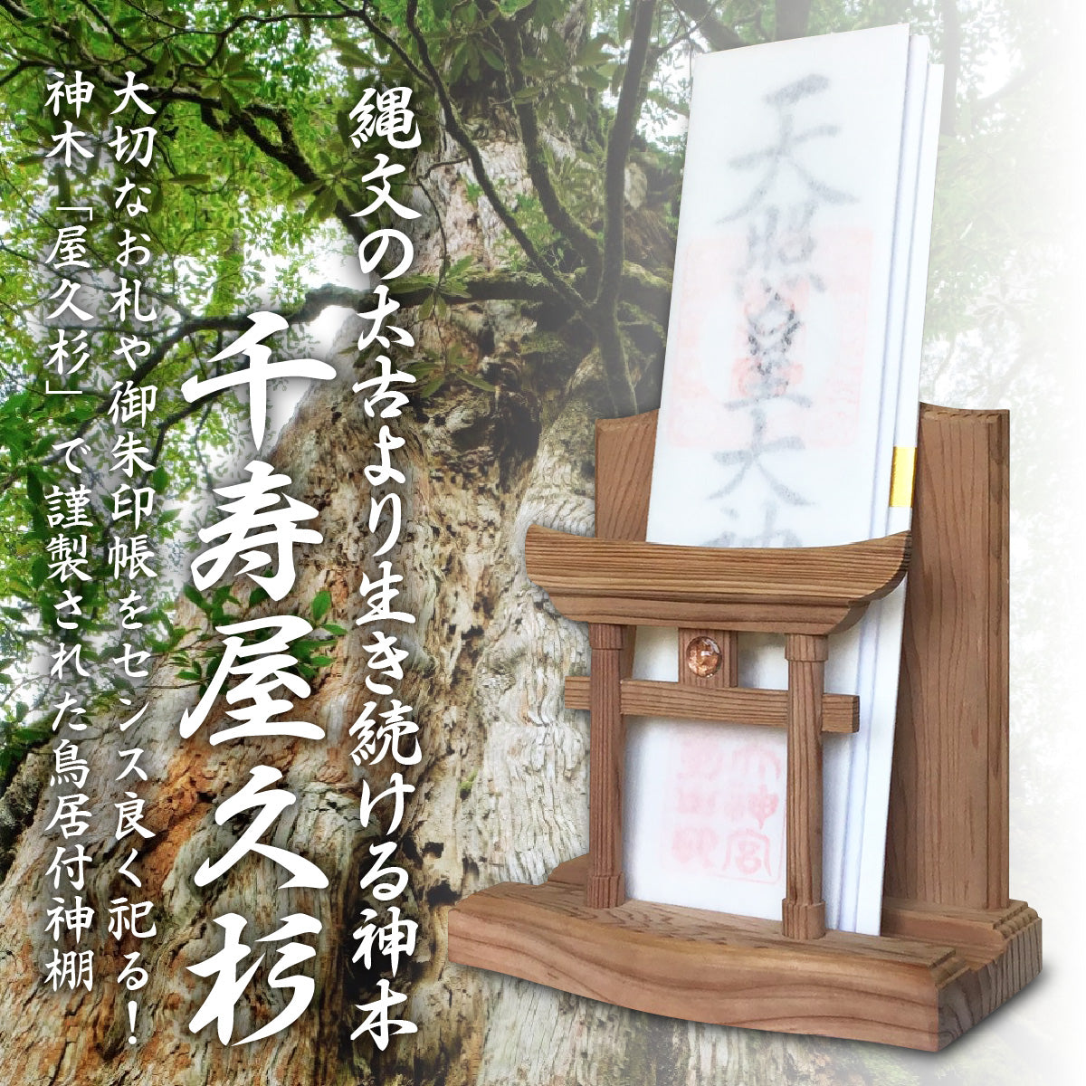 さくら禅 神木 屋久杉 モダン神棚 御札 御朱印帳 飾り お守り おふだ 立て 世界遺産 屋久島 【 明神 水晶 鳥居 】 一社 水晶和紙の雲セット