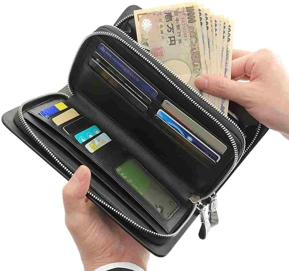カーボンレザー ラウンド財布 型 クラッチ バッグ 趙 スリム 本革 メンズ (スタンダード)