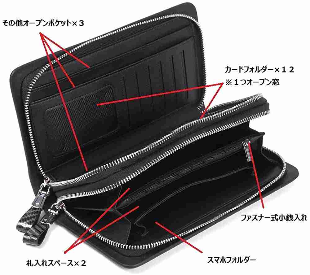 カーボンレザー ラウンド財布 型 クラッチ バッグ 趙 スリム 本革 メンズ (スタンダード)