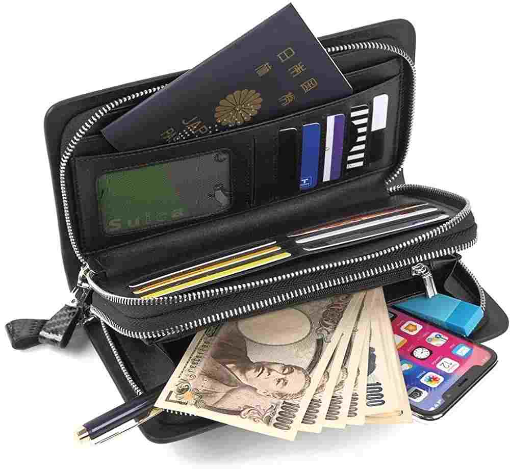 カーボンレザー ラウンド財布 型 クラッチ バッグ 趙 スリム 本革 メンズ (スタンダード)