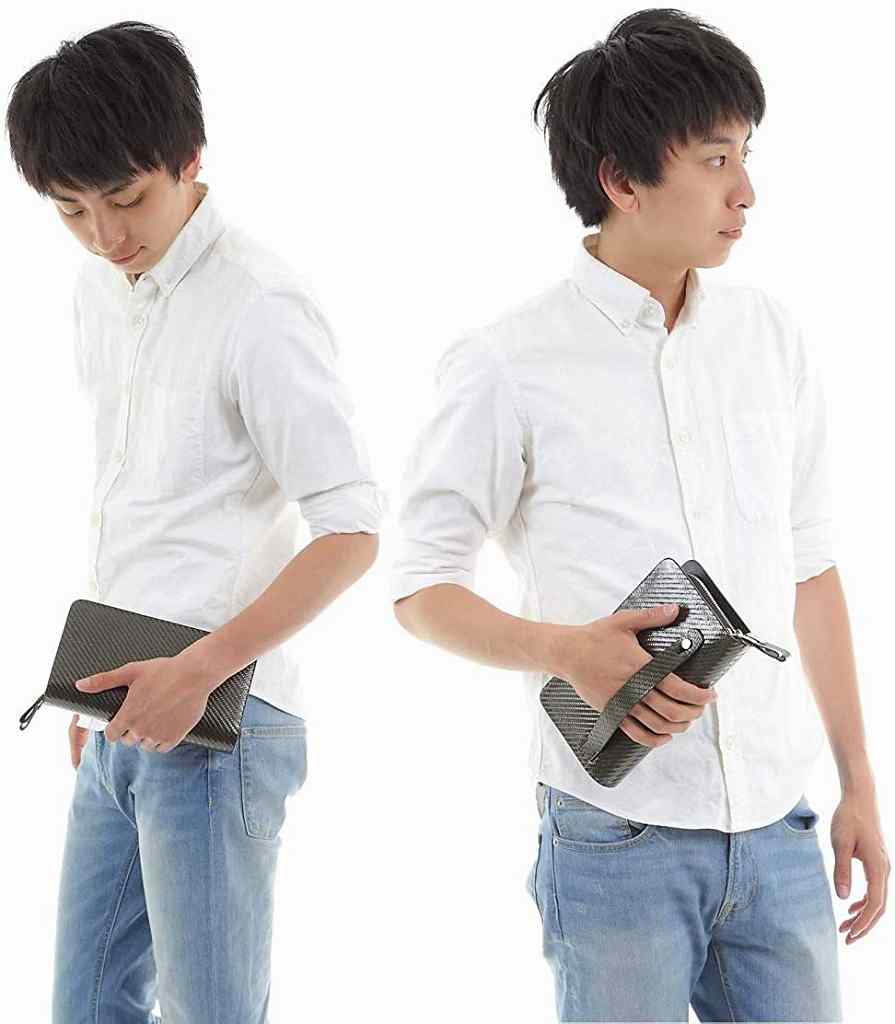 カーボンレザー ラウンド財布 型 クラッチ バッグ 趙 スリム 本革 メンズ (スタンダード)