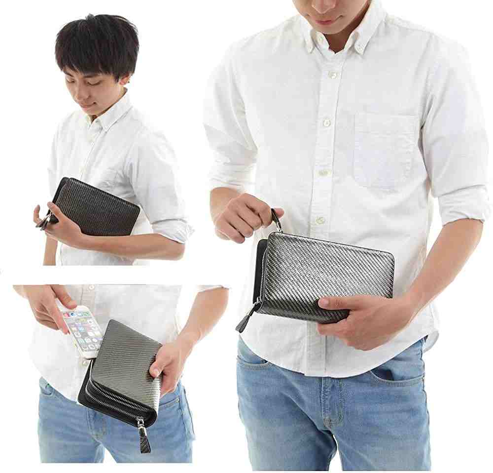 カーボンレザー ラウンド財布 型 クラッチ バッグ 趙 スリム 本革 メンズ (スタンダード)