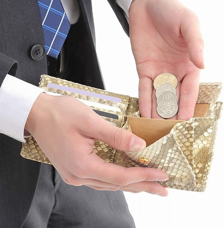 蛇革 メンズ 金運財布ダイヤモンド 黄金 錦蛇 本革 二つ折り 財布 金運アップ レザー 日本製 (金来之秘符)