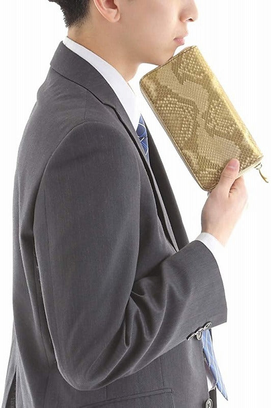 蛇革 メンズ 金運財布ダイヤモンド 黄金 錦蛇 本革 ラウンド 無双 財布 金運アップ レザー 日本製 (金来符根付)