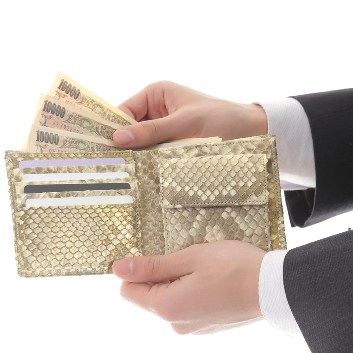 蛇革 ダイヤモンド 黄金 錦蛇 本革 二つ折り 財布 金運アップ レザー 日本製 (黄金蛇)