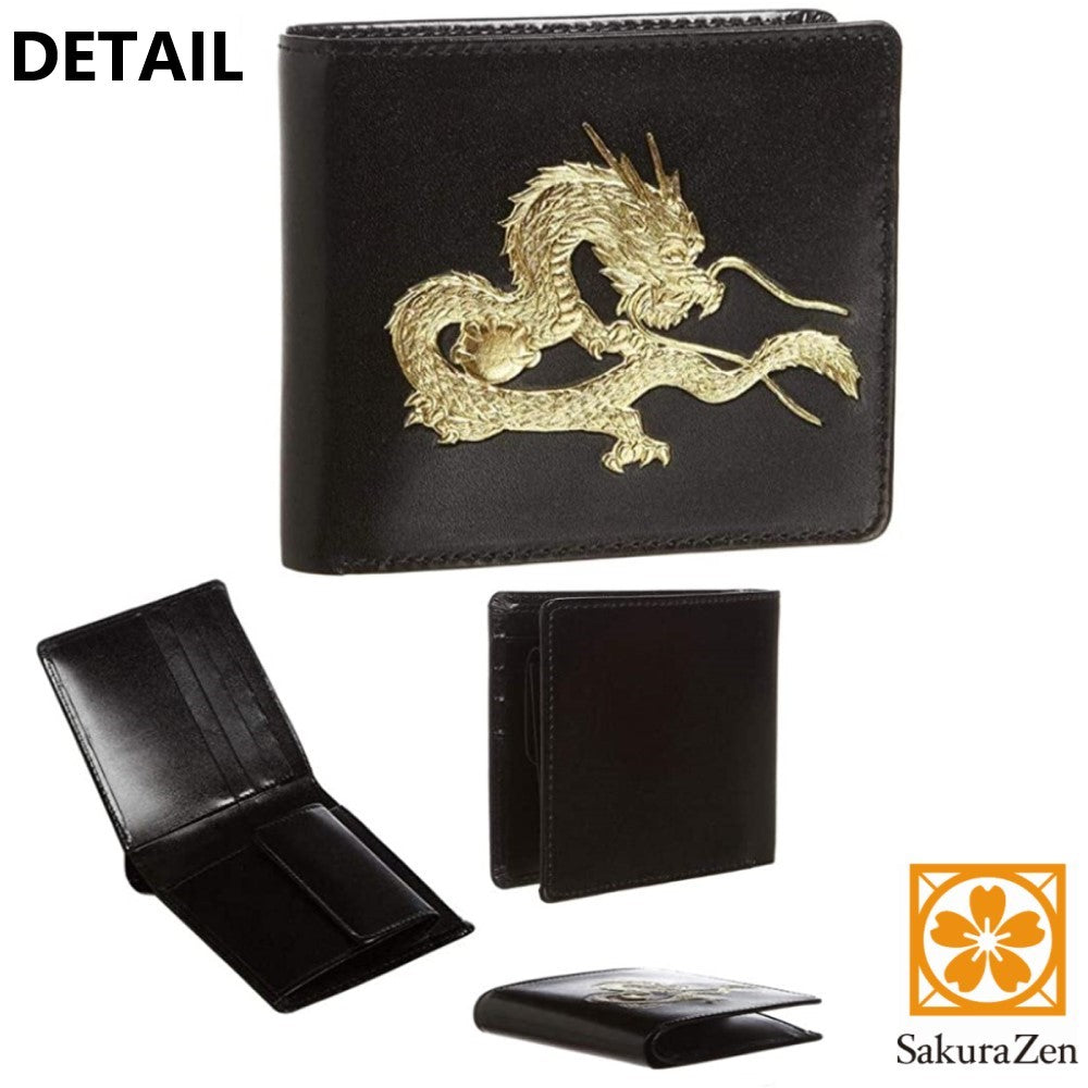 風水春財布 皇帝龍 二つ折り 財布 秘伝 金運アップ 22金箔 黄金 メンズ 日本製 (黒色)