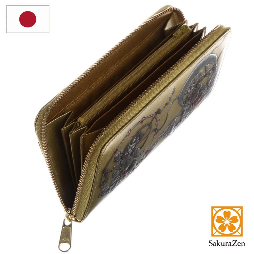 風神雷神財布 男性用 彫刻 財布職人 謹製 俵屋宗達 金運アップ メンズ ラウンド 日本製 根付 進呈 (金・ゴールド)