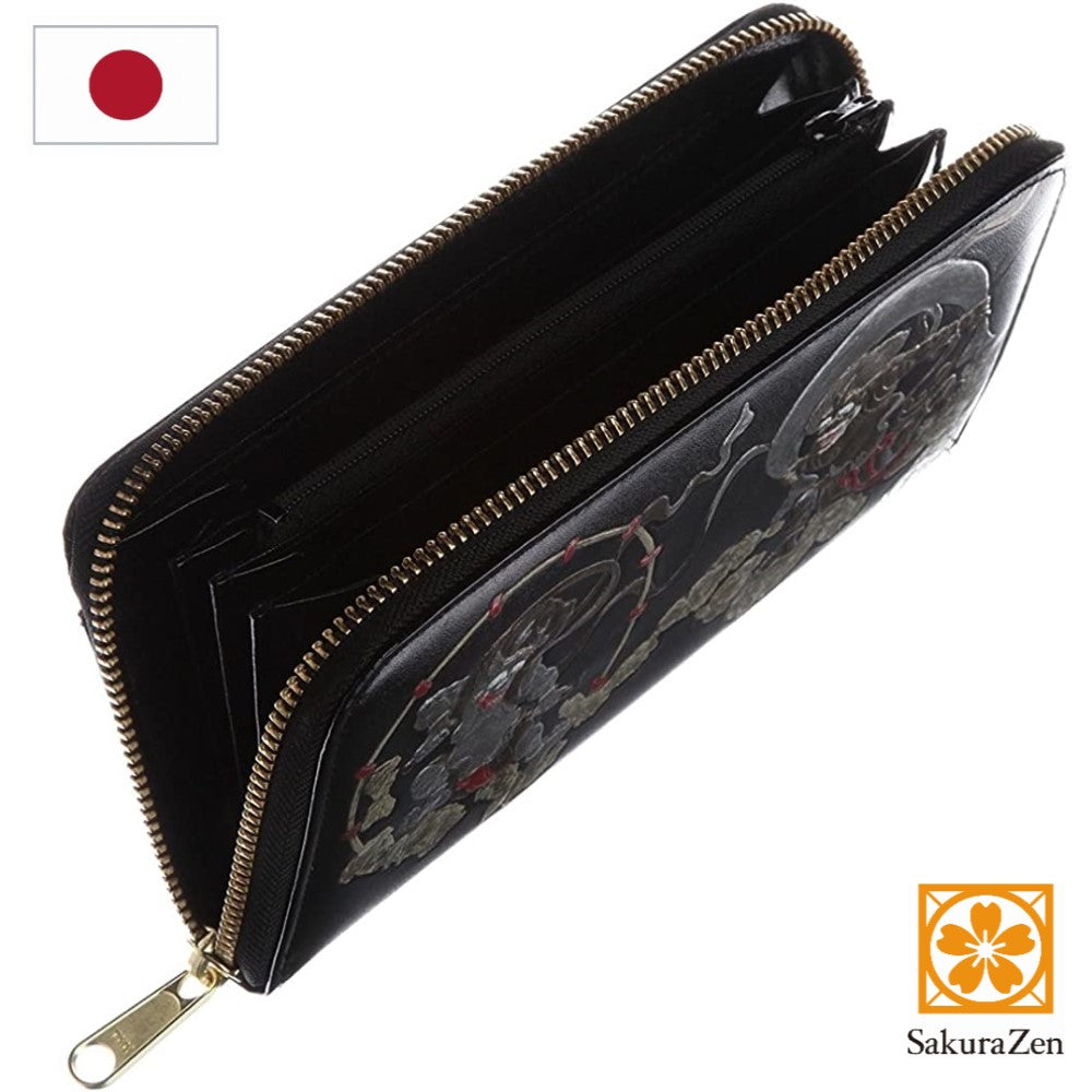 風神雷神財布 男性用 彫刻 俵屋宗達 メンズ ラウンド 日本製 根付 進呈 (達磨木札根付 黒色)