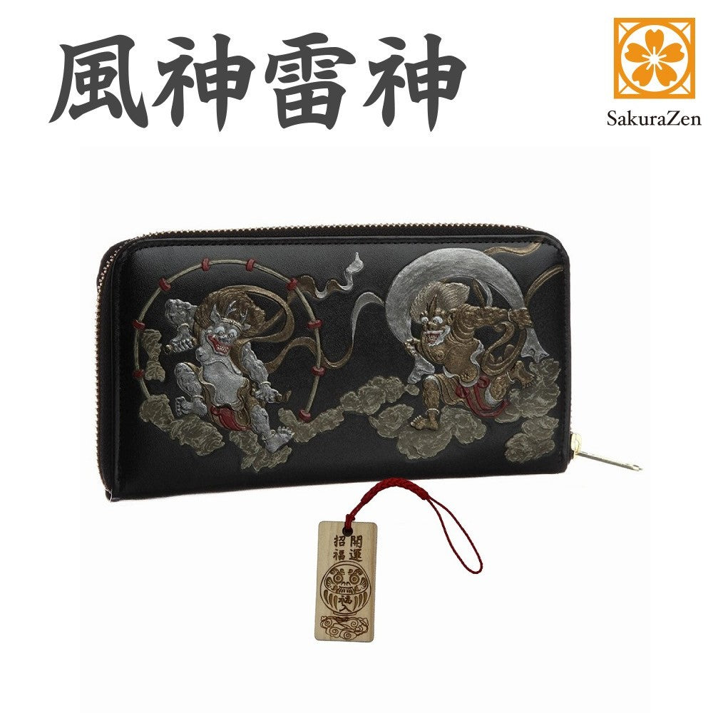 風神雷神財布 男性用 彫刻 俵屋宗達 メンズ ラウンド 日本製 根付 進呈 (達磨木札根付 黒色)