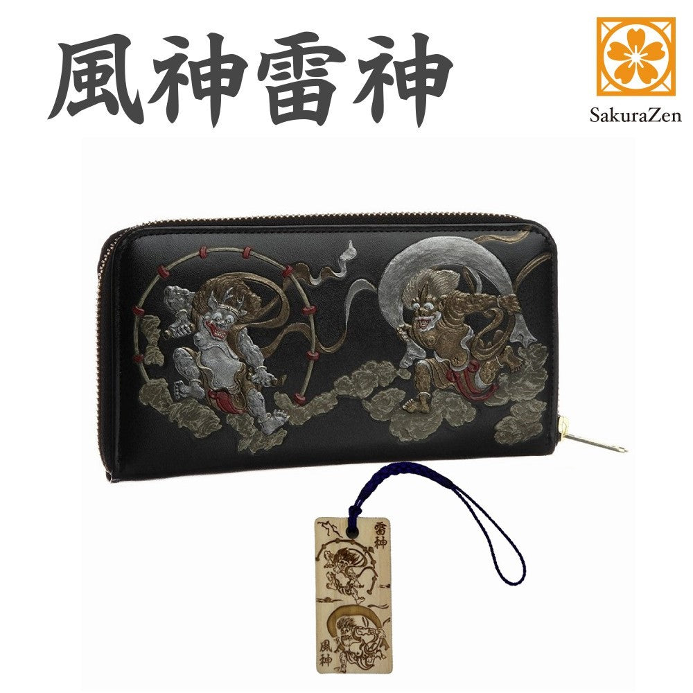 風神雷神財布 男性用 彫刻 俵屋宗達 メンズ ラウンド 日本製 根付 進呈 (風神雷神木札根付 黒色)