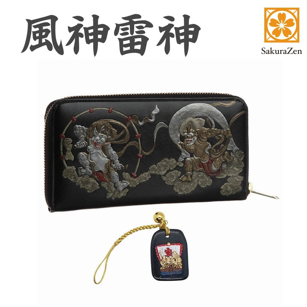 風神雷神財布 男性用 彫刻 俵屋宗達 メンズ ラウンド 日本製 根付 進呈 (七福宝船 黒色)