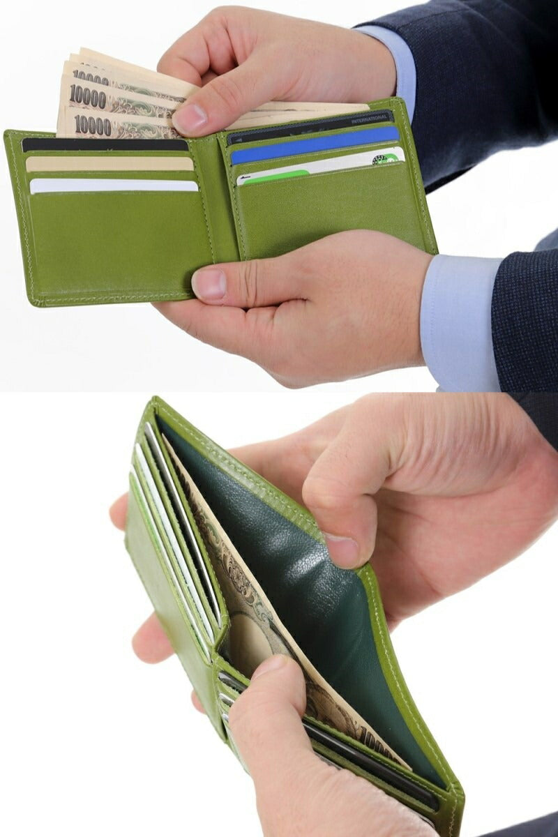 極薄 財布 春財布 オイル レザー 本革 二つ折り 財布 バンタン メンズ 牛革 パース 日本製 (グリーン)
