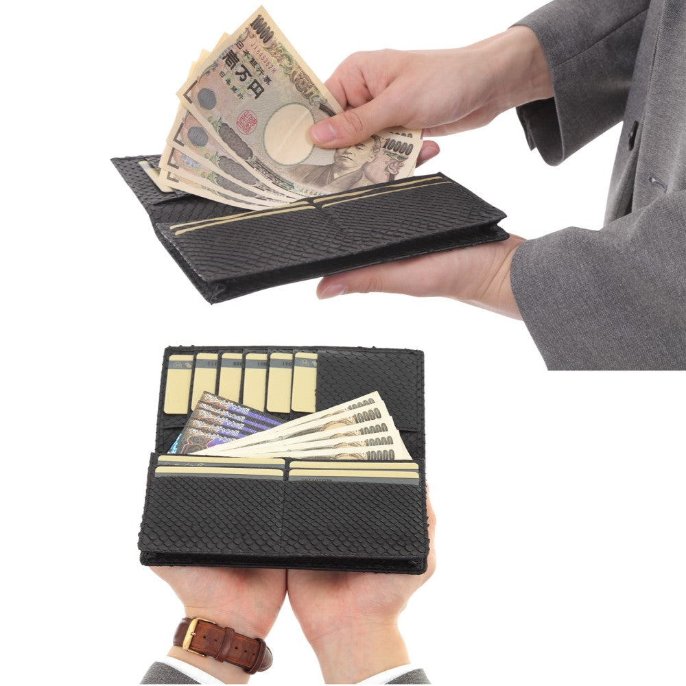 蛇革 レザー 蛇革 長財布 黒 マット ブラック 錦蛇 バック カット 本革 無双 金運アップ 日本製 (瓢箪根付)