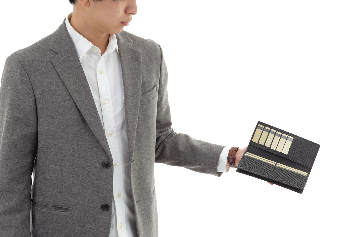 蛇革 レザー 蛇革 長財布 黒 マット ブラック 錦蛇 バック カット 本革 無双 金運アップ 日本製 (瓢箪根付)