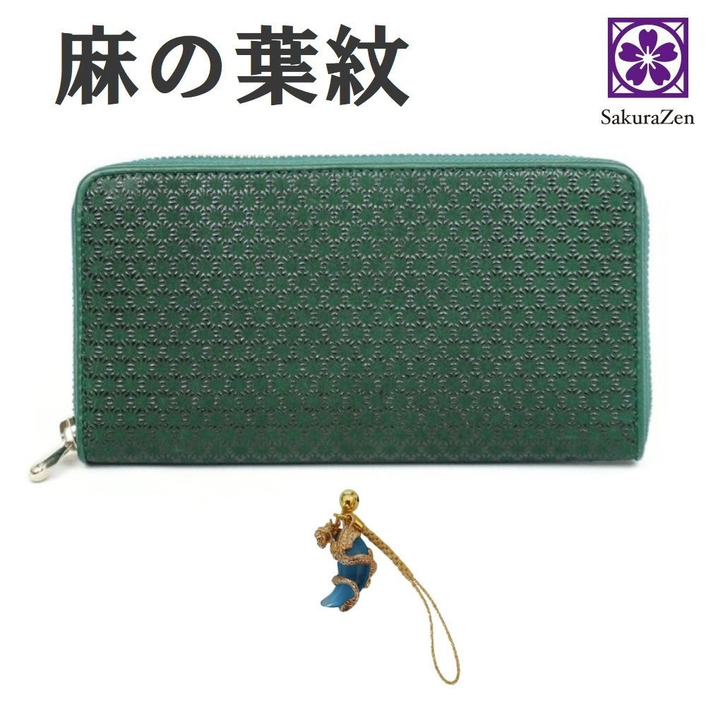 麻の葉 印伝 財布 レディース ラウンド 本鹿革 ファスナー 式 日本製 (黒漆 勾玉昇龍)