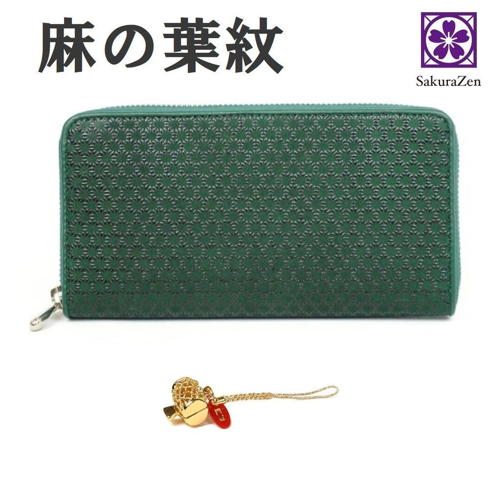 麻の葉 印伝 財布 メンズ ラウンド 本鹿革 ファスナー 式 日本製 (黒漆 打ち出の小槌)