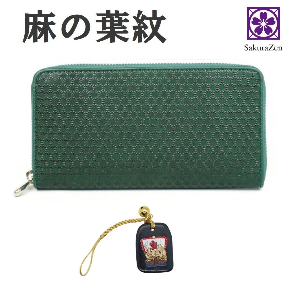 麻の葉 印伝 財布 メンズ ラウンド 本鹿革 ファスナー 式 日本製 (黒漆 七福神)
