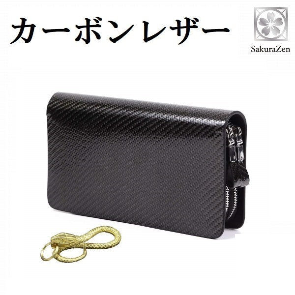 ラウンド財布 カーボン レザー メンズ クラッチ バッグ 本革 ワンハンド グリップ (黄金蛇チャーム)