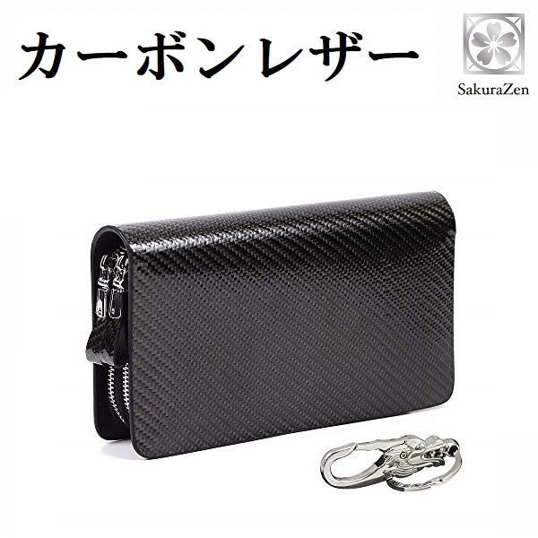 ラウンド財布 カーボン レザー メンズ クラッチ バッグ 本革 ワンハンド グリップ (昇龍チャーム)