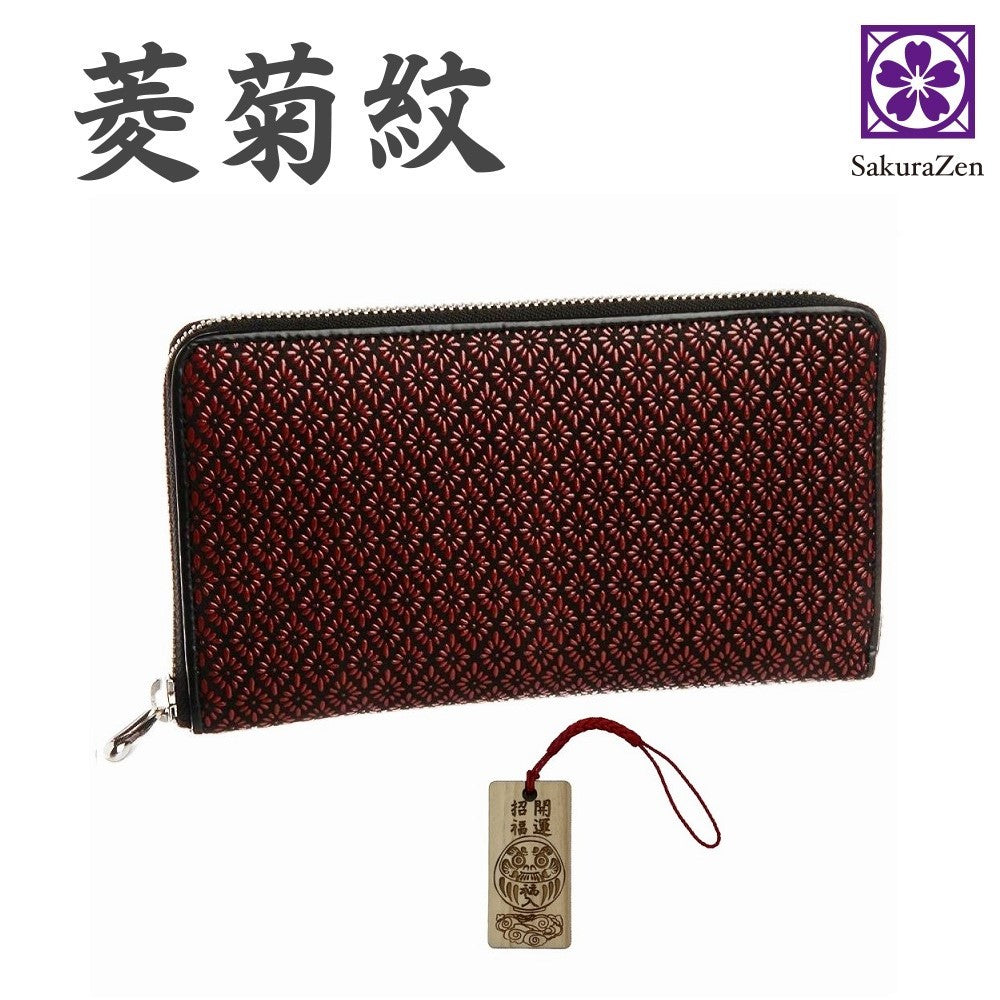 印伝 ラウンド財布 【 菱菊 印傳 財布 】 守護 開運 菱菊紋 根付 進呈 日本製 赤 (達磨木札根付)