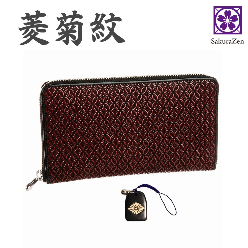 印伝 ラウンドメンズ 金運財布 【 菱菊 印傳 財布 】 菱菊紋 特製根付 進呈 日本製 (赤)