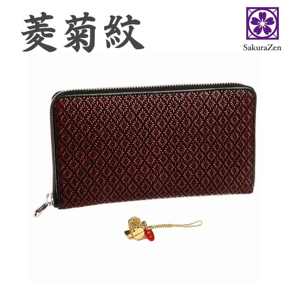 印伝 ラウンド財布 【 菱菊 印傳 財布 】 守護 開運 菱菊紋 根付 進呈 日本製 赤 (七福神根付)
