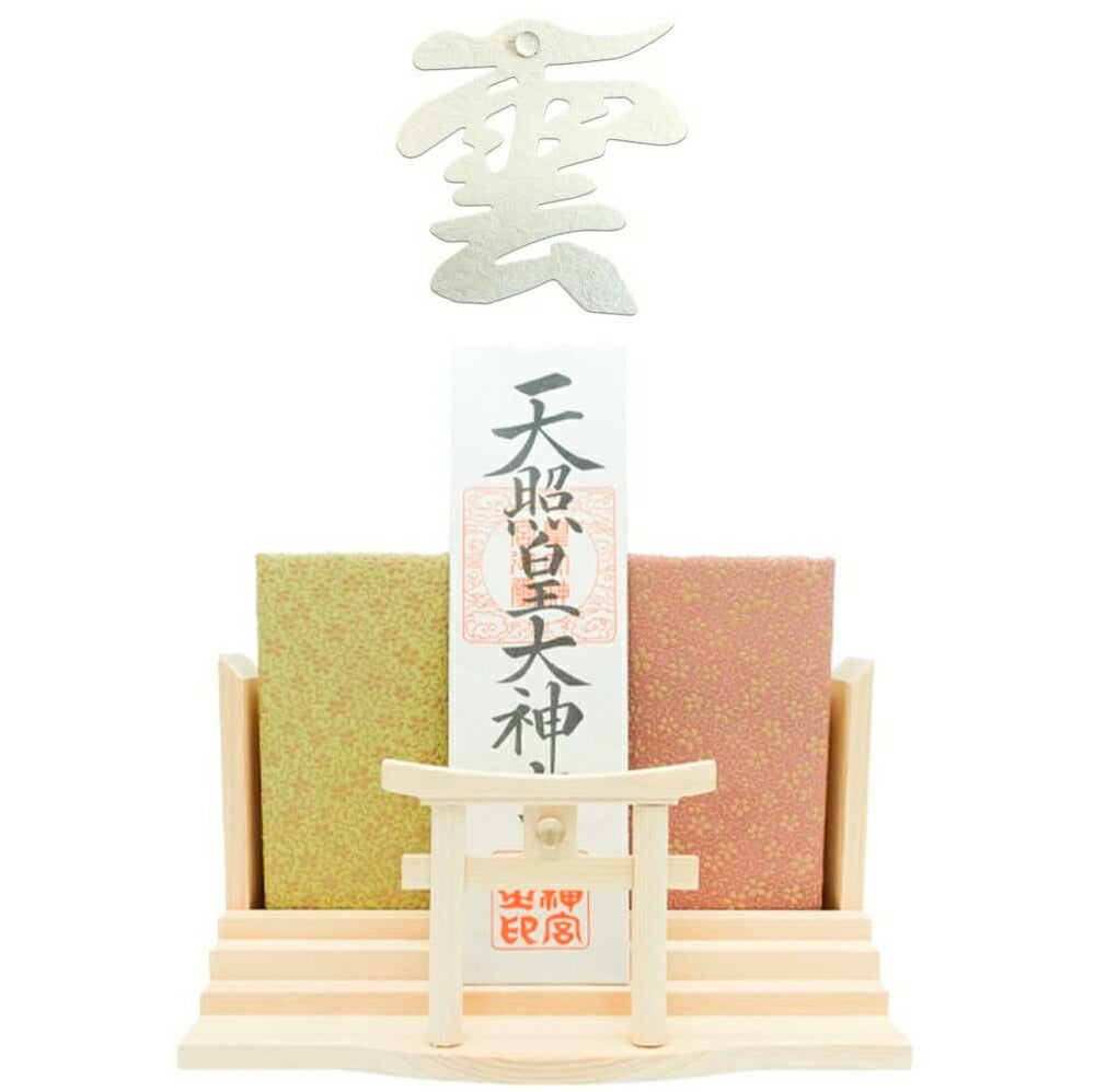 モダン神棚(水晶 明神鳥居 三社)御朱印帳 お祀り 飾り お札 立て 御神札 差し 壁掛け置き型兼用 白松 (手漉き和紙の雲(水晶付)セット)