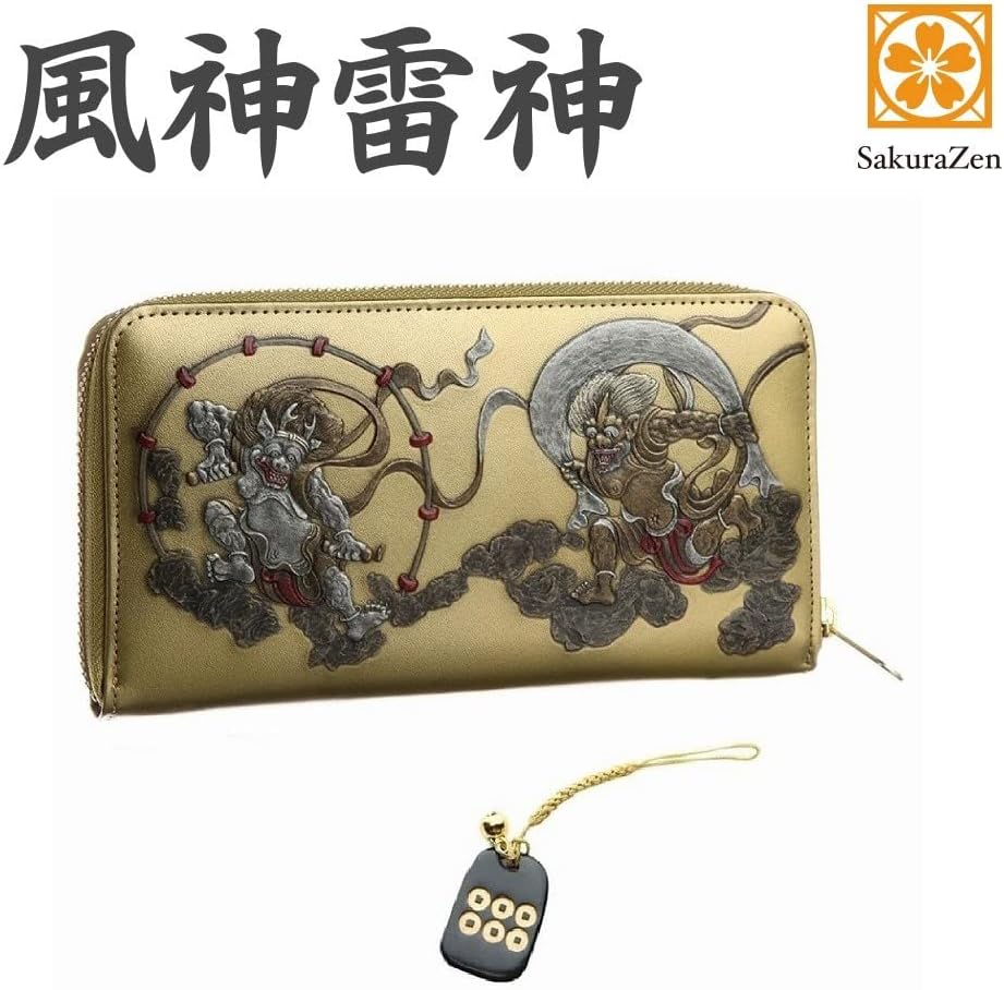 風神雷神 メンズ ラウンド財布 本革 財布 俵屋 宗達 日本製 金 根付 進呈 (勝運六文銭)
