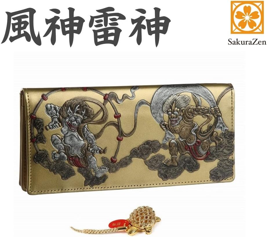 風神雷神 メンズ 長財布 本革 財布 俵屋 宗達 日本製 金 根付 進呈 (黄金銭亀)