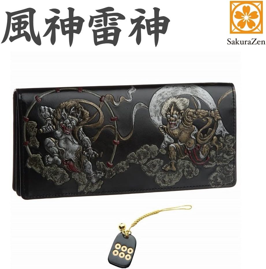 風神雷神 メンズ 長財布 日本製 根付 進呈 (黒色) (勝運六文銭)
