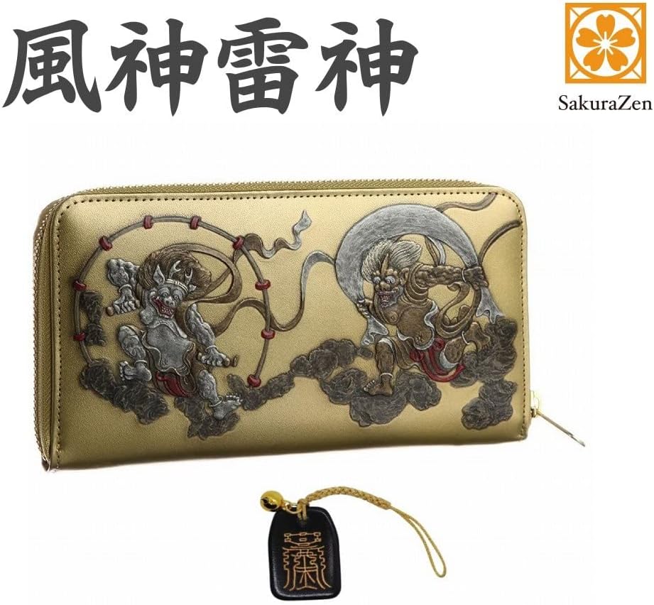 風神雷神 メンズ ラウンド財布 本革 財布 俵屋 宗達 日本製 金 根付 進呈 (金来之秘符)