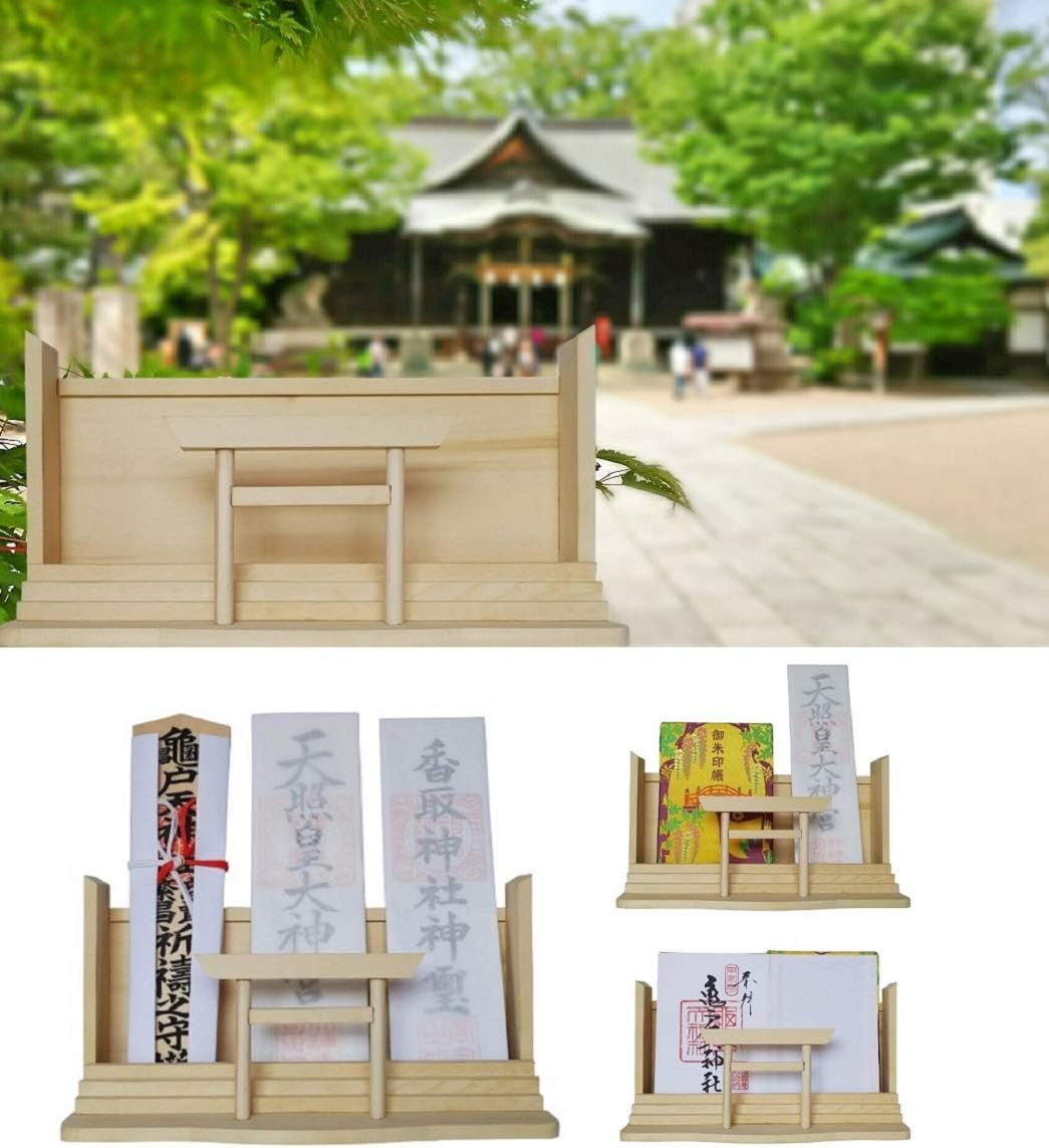 さくら禅 神棚 ( 神明鳥居 ) モダン 御朱印帳 立てお札 御神札 御守り 飾り 壁掛け置き型兼用 白松 壁設置用ビス付き (銭亀)