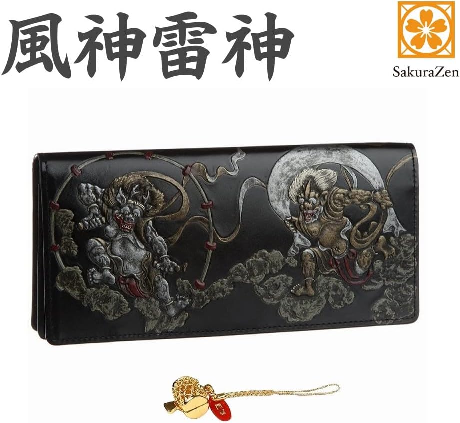 風神雷神 メンズ 長財布 日本製 根付 進呈 (黒色) (黄金打ち出の小槌)