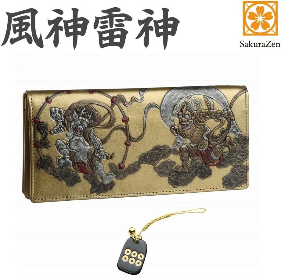 風神雷神 メンズ 長財布 本革 財布 俵屋 宗達 日本製 金 根付 進呈 (勝運六文銭)