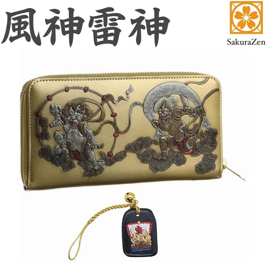 風神雷神 メンズ ラウンド財布 本革 財布 俵屋 宗達 日本製 金 根付 進呈 (七福宝船)