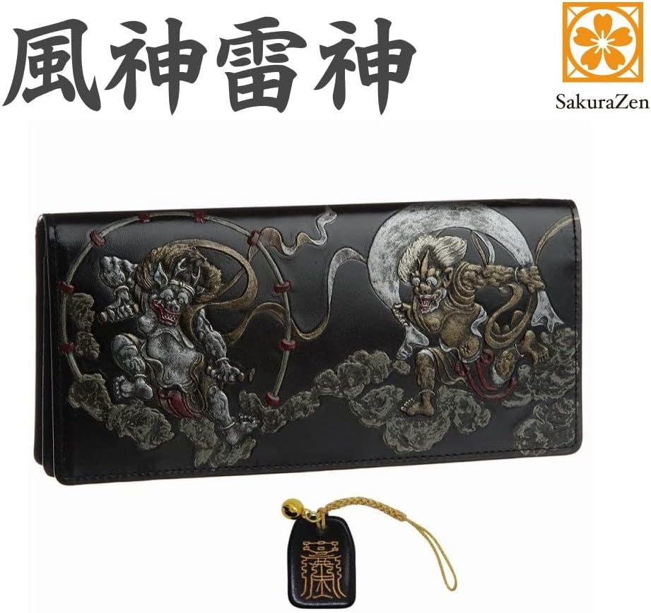風神雷神 メンズ 長財布 日本製 根付 進呈 (黒色) (金来之秘符)