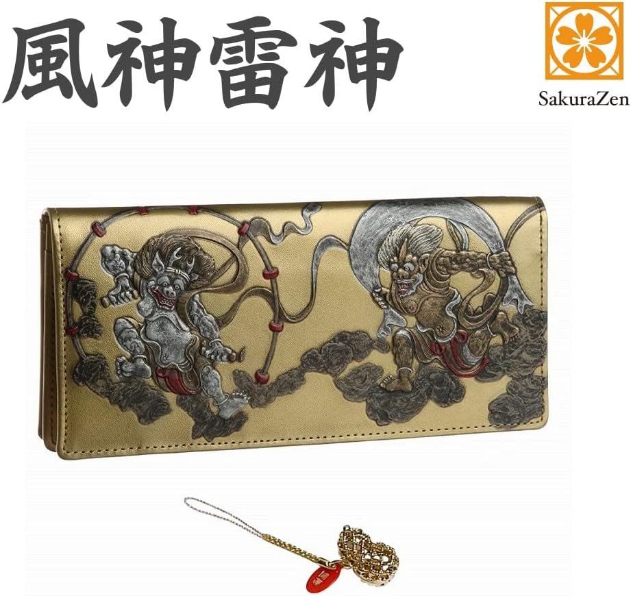 風神雷神 メンズ 長財布 本革 財布 俵屋 宗達 日本製 金 根付 進呈 (黄金瓢箪)