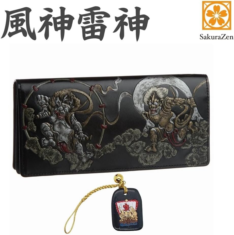 風神雷神 メンズ 長財布 日本製 根付 進呈 (黒色) (七福宝船)