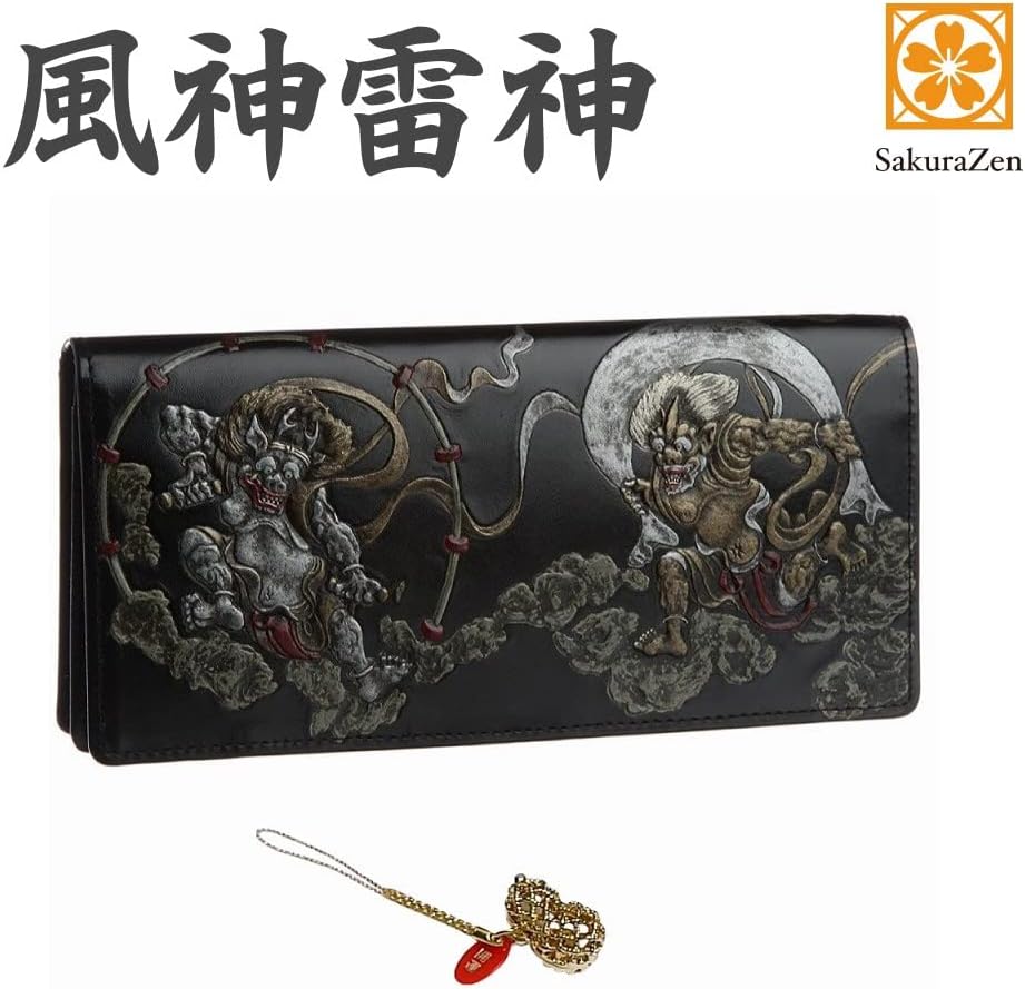 風神雷神 メンズ 長財布 日本製 根付 進呈 (黒色) (黄金瓢箪)
