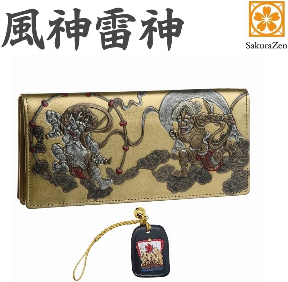風神雷神 メンズ 長財布 本革 財布 俵屋 宗達 日本製 金 根付 進呈 (七福宝船)