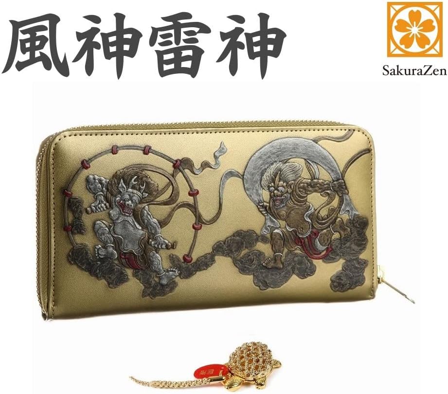 風神雷神 メンズ ラウンド財布 本革 財布 俵屋 宗達 日本製 金 根付 進呈 (黄金銭亀)