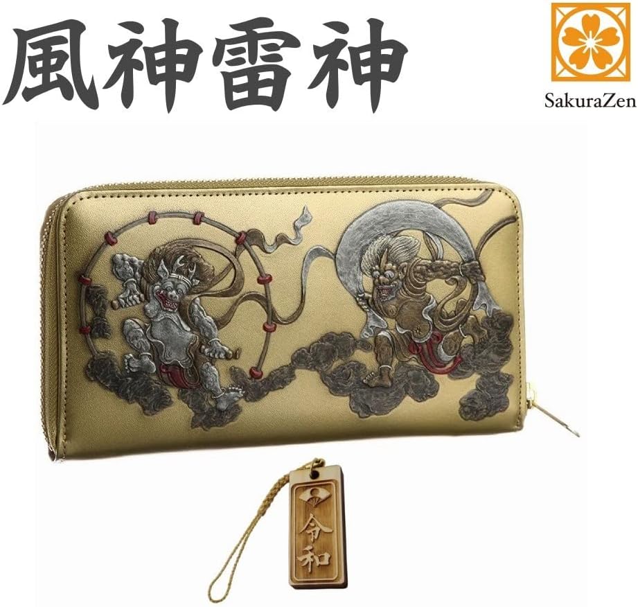 風神雷神 メンズ ラウンド財布 本革 財布 俵屋 宗達 日本製 金 根付 進呈 (令和祈願札)