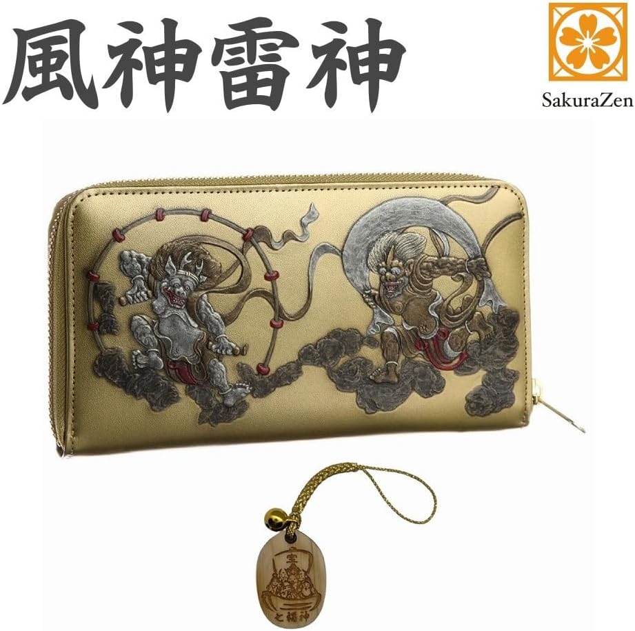 風神雷神 メンズ ラウンド財布 本革 財布 俵屋 宗達 日本製 金 根付 進呈 (七福宝船霊木札)
