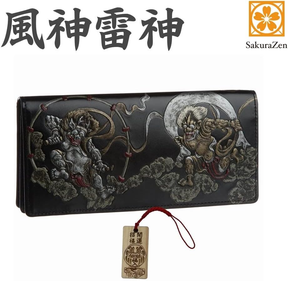 風神雷神 メンズ 長財布 日本製 根付 進呈 (黒色) (入福だるま木札)