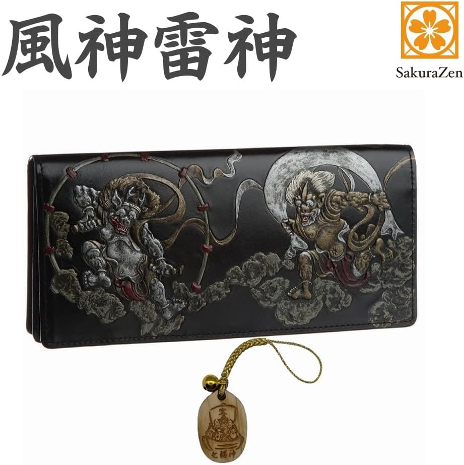 風神雷神 メンズ 長財布 日本製 根付 進呈 (黒色) (七福宝船霊木札)