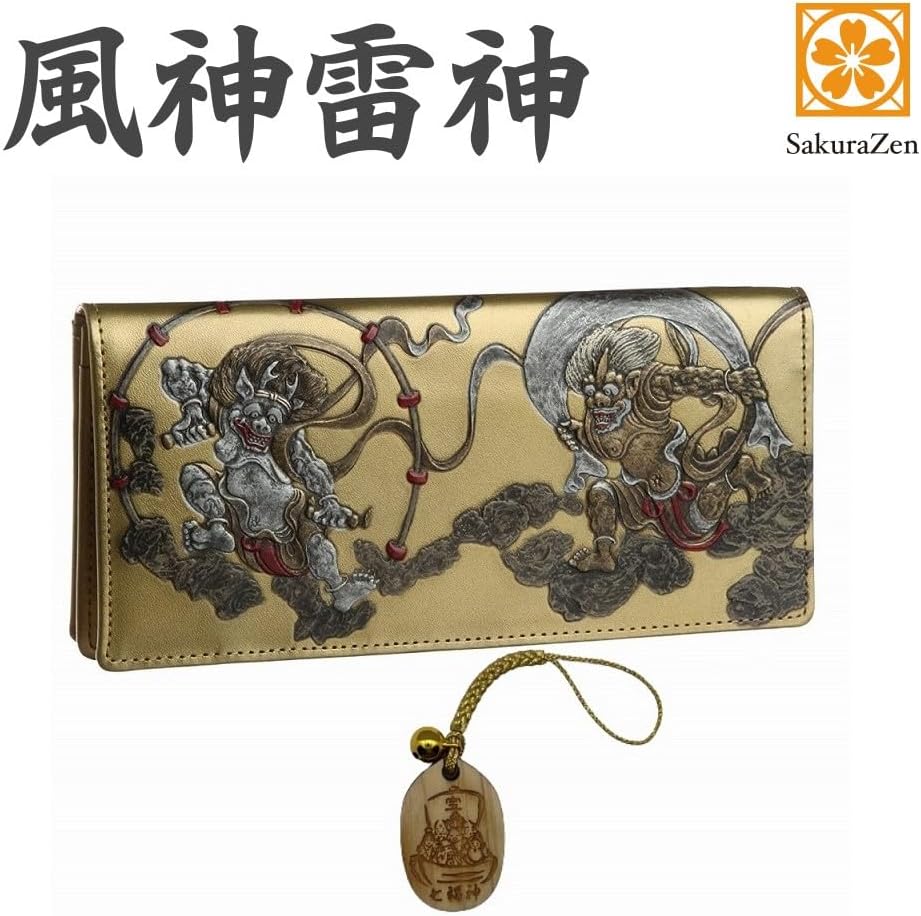 風神雷神 メンズ 長財布 本革 財布 俵屋 宗達 日本製 金 根付 進呈 (七福宝船霊木札)