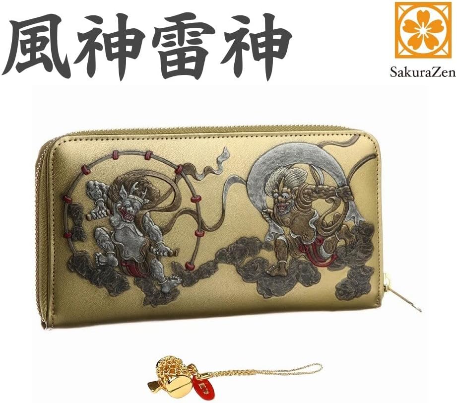 風神雷神 メンズ ラウンド財布 本革 財布 俵屋 宗達 日本製 金 根付 進呈 (黄金打ち出の小槌)