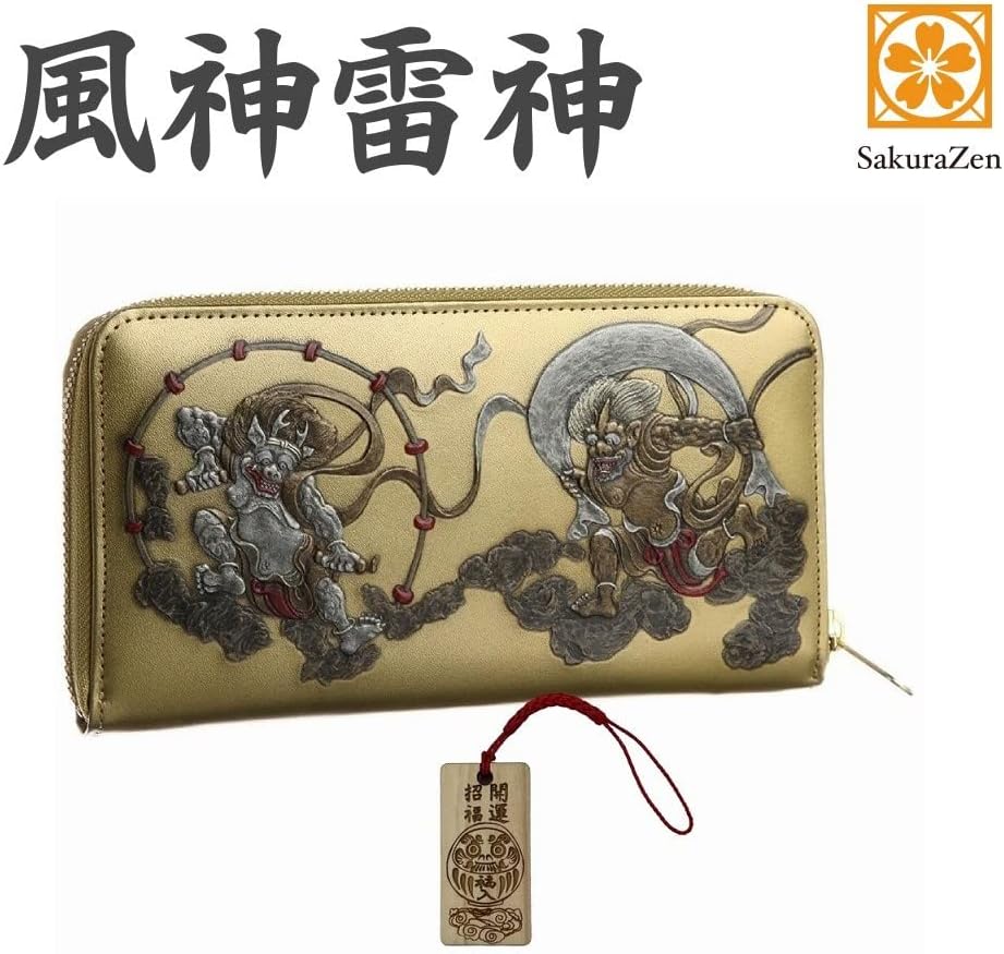 風神雷神 メンズ ラウンド財布 本革 財布 俵屋 宗達 日本製 金 根付 進呈 (入福だるま霊木札)
