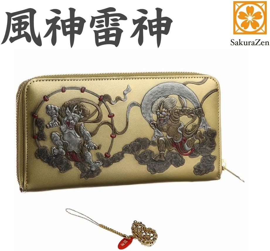 風神雷神 メンズ ラウンド財布 本革 財布 俵屋 宗達 日本製 金 根付 進呈 (黄金瓢箪)