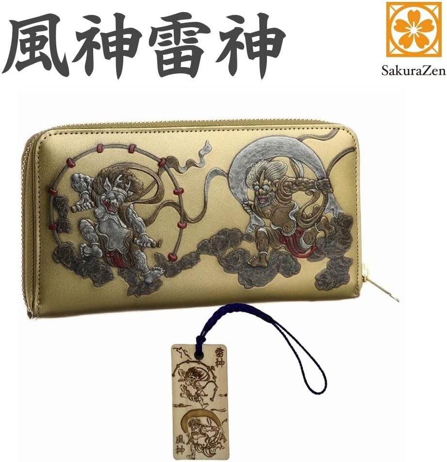 風神雷神 メンズ ラウンド財布 本革 財布 俵屋 宗達 日本製 金 根付 進呈 (風神雷神霊木札)